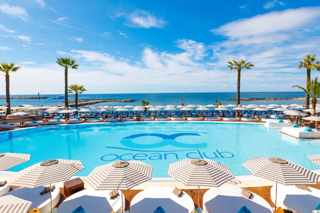 Ocean Club Marbella saltwater swimming pool and luxury VIP daybeds in Puerto Banus