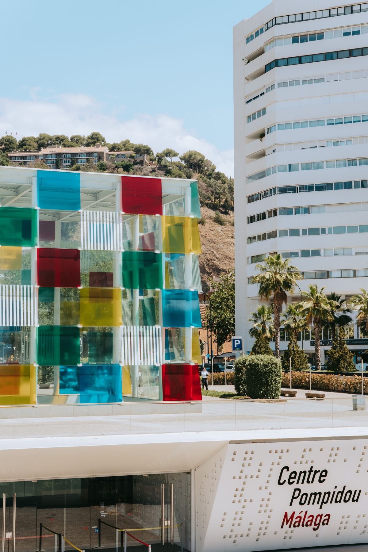Colourful glass cube of the Centre Pompidou Málaga at Muelle Uno