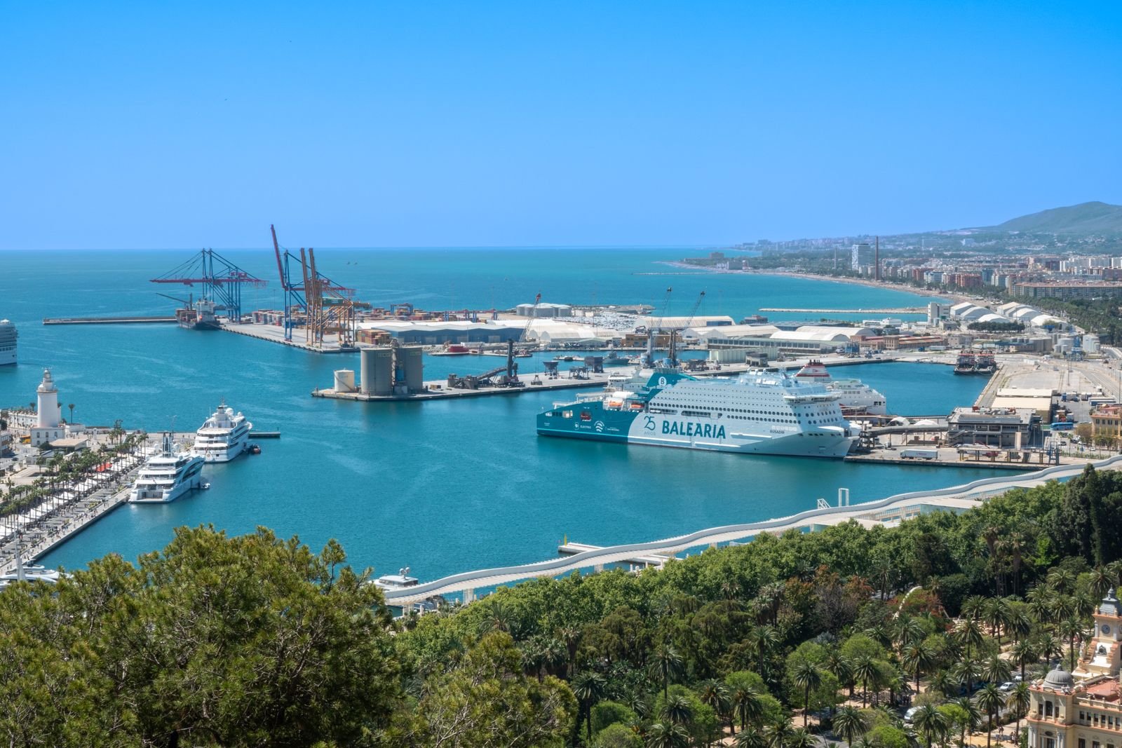 Aerial view of Málaga port and seafront on a sunny day