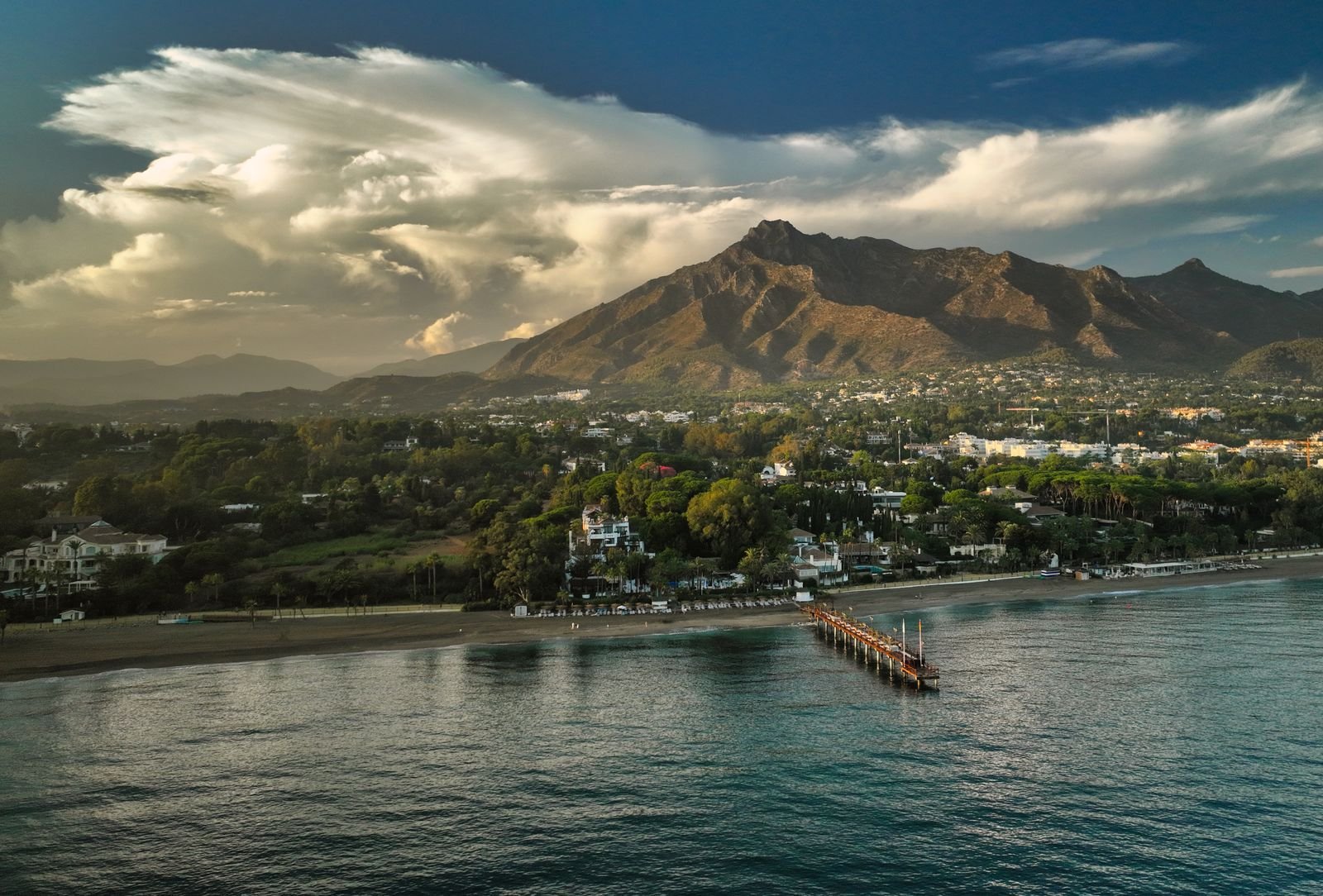 Aerial view of the Marbella coastline sheltered by the Sierra Blanca mountains