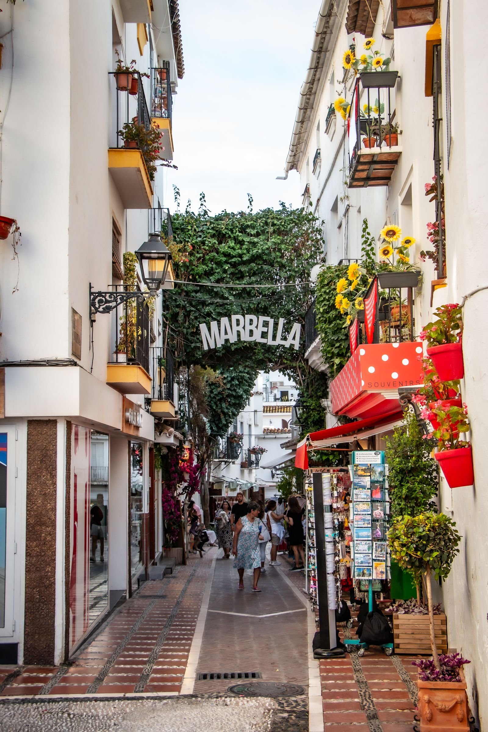 Narrow whitewashed alley with flowers in Marbella Old Town